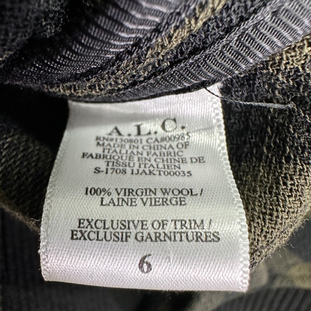 ALC Andrew Buffalo Check Virgin Wool Bomber Jacket Size 6 Olive Green Black - Picture 6 of 7